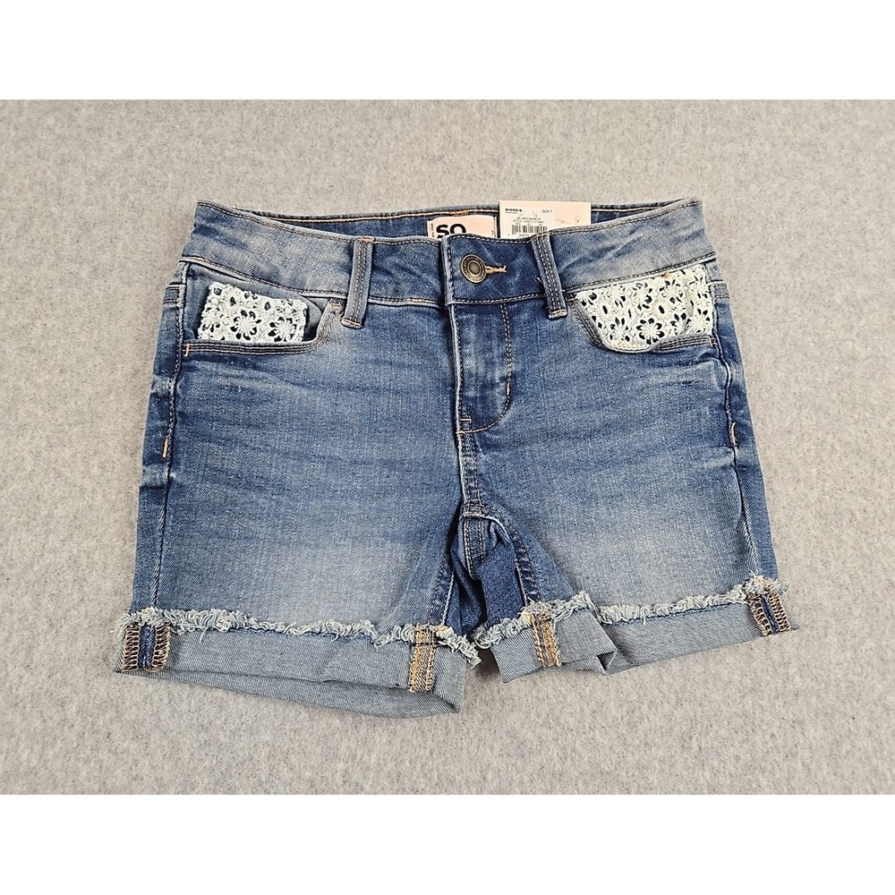 SO Jean Shorts Girls Size 7 Cut Off Mid Rise Denim Floral Shortie Jeans NWT